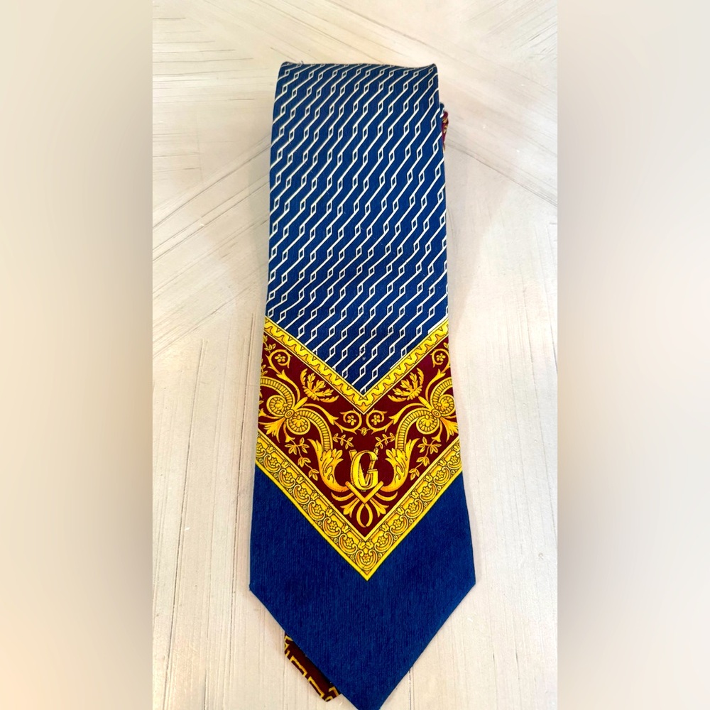 Vintage Gianni Versace 100% Silk Baroque Necktie Blue Gold Made in Italy 90s